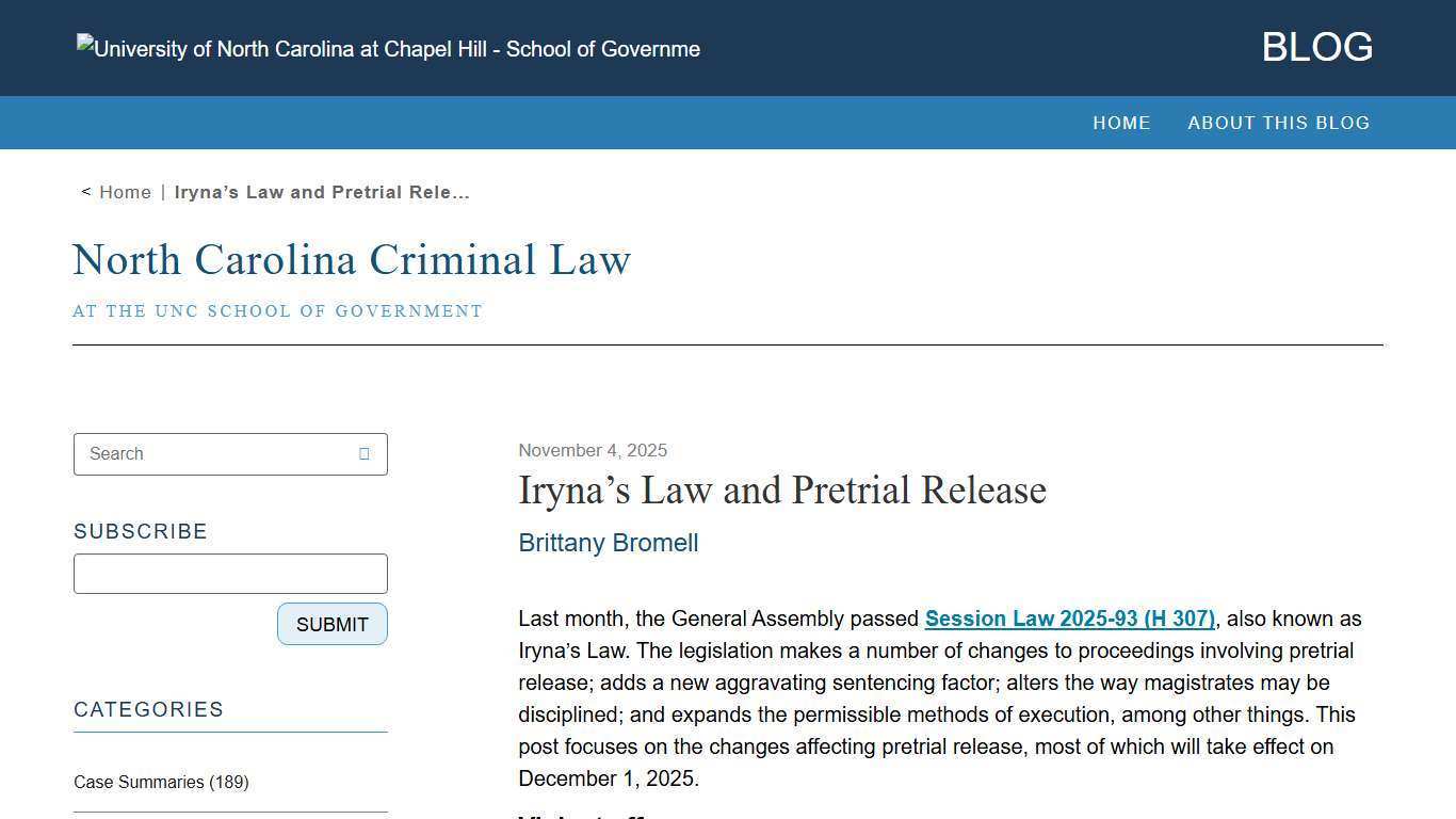Iryna’s Law and Pretrial Release – North Carolina Criminal Law
